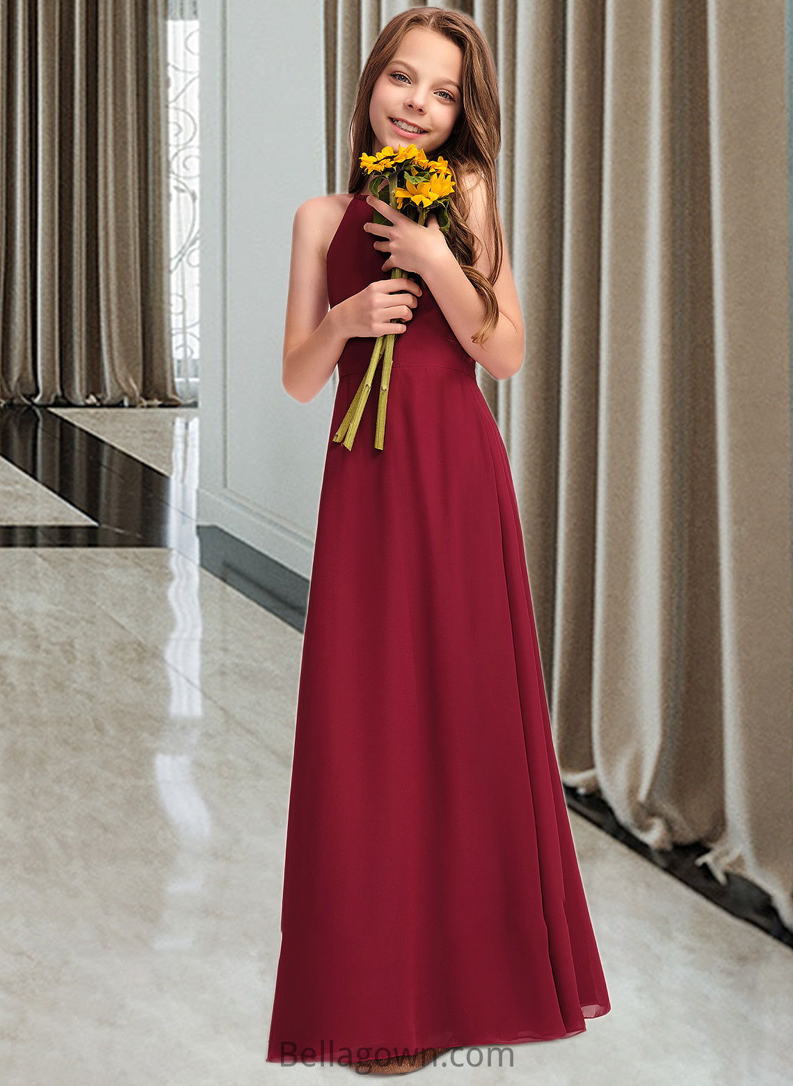 Dulce A-Line Scoop Neck Floor-Length Chiffon Junior Bridesmaid Dress DNP0013519