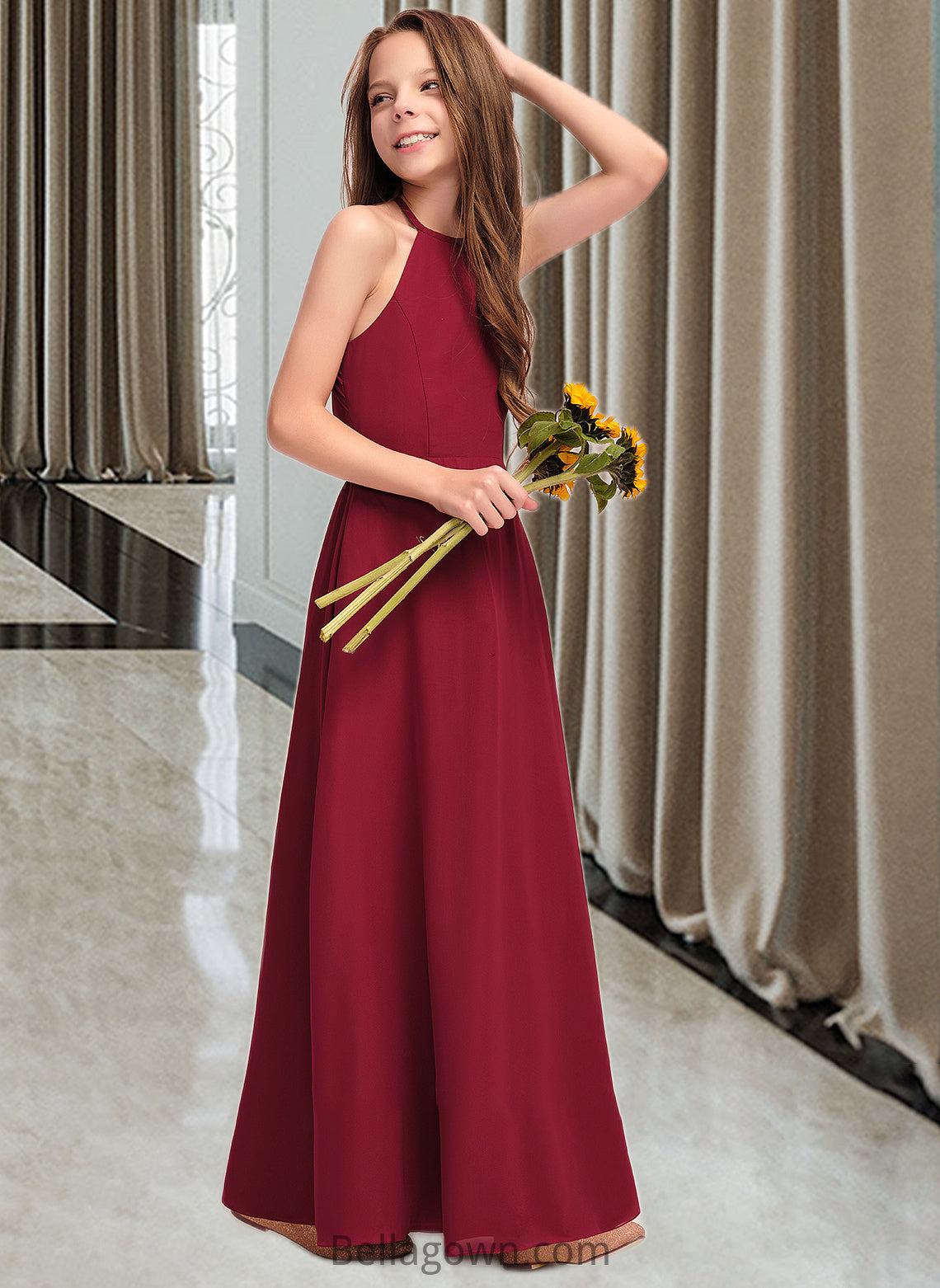 Dulce A-Line Scoop Neck Floor-Length Chiffon Junior Bridesmaid Dress DNP0013519