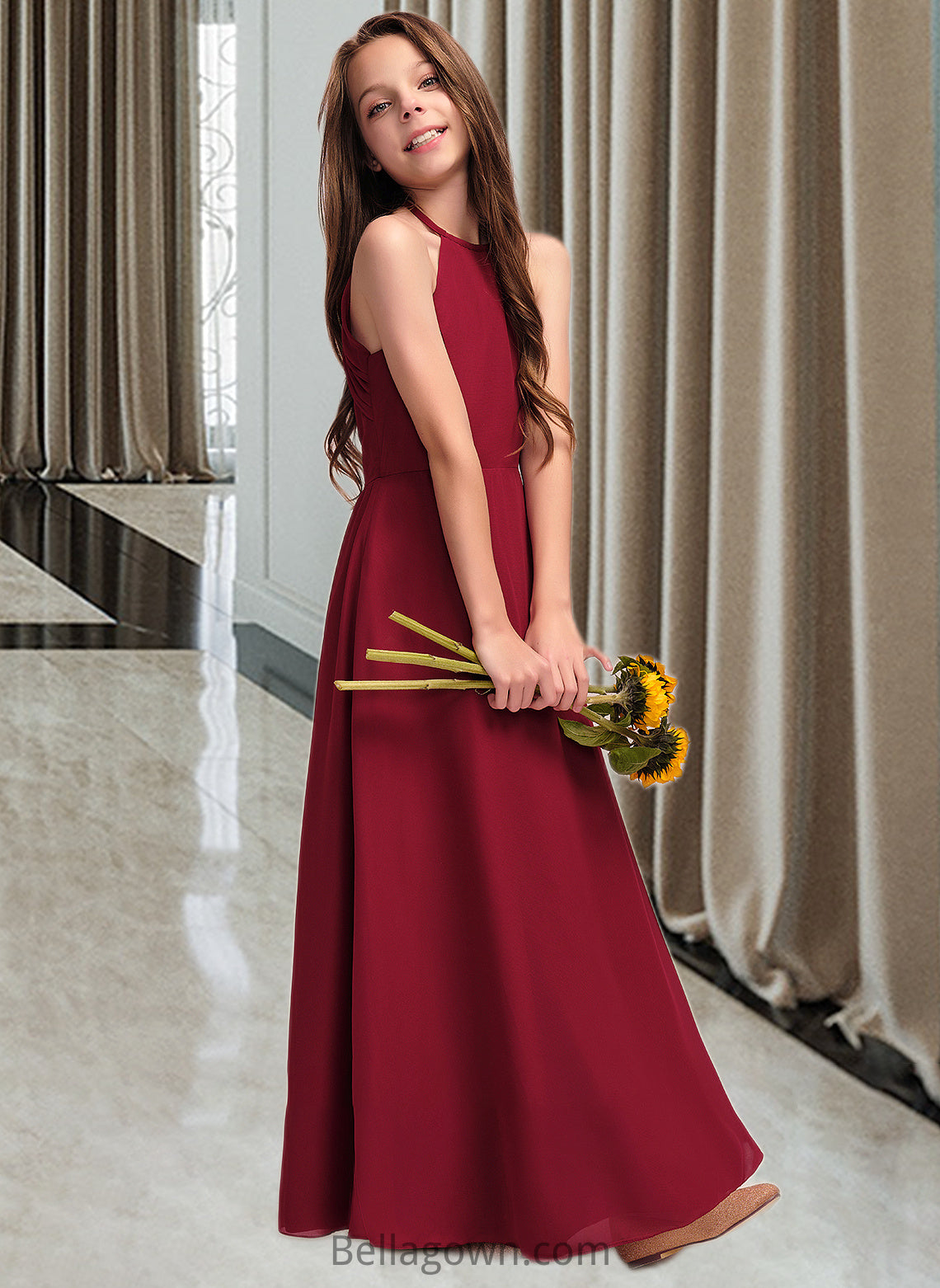 Dulce A-Line Scoop Neck Floor-Length Chiffon Junior Bridesmaid Dress DNP0013519