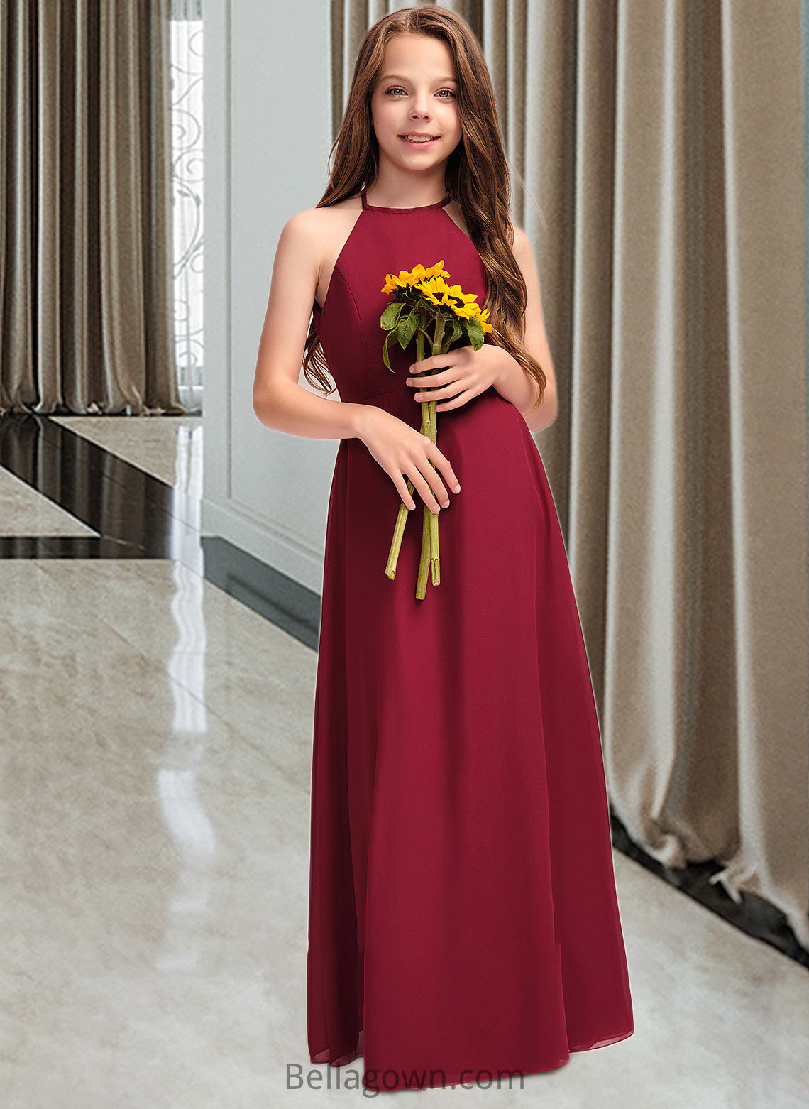 Dulce A-Line Scoop Neck Floor-Length Chiffon Junior Bridesmaid Dress DNP0013519