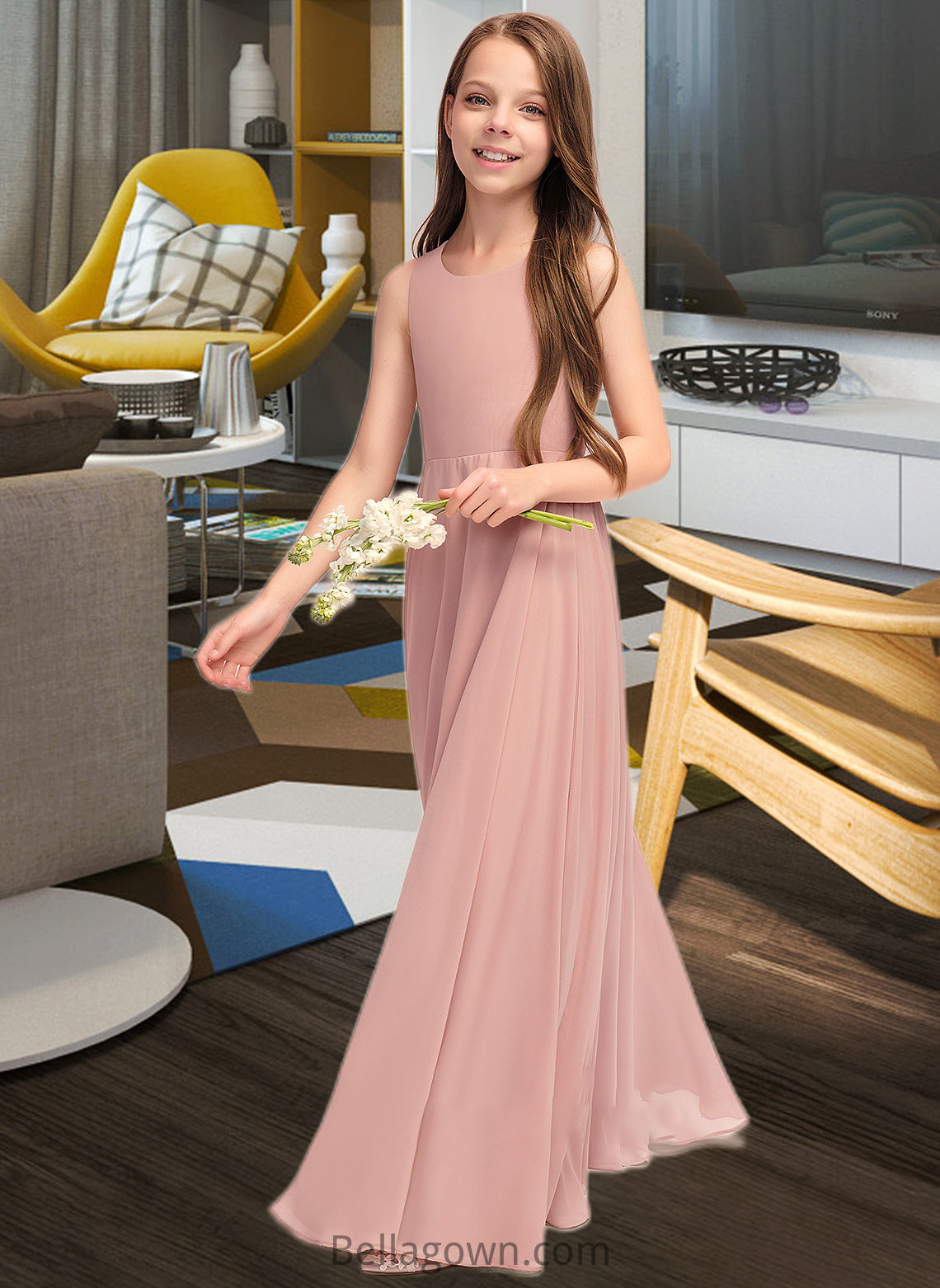 Lainey A-Line Scoop Neck Floor-Length Chiffon Junior Bridesmaid Dress With Bow(s) DNP0013520