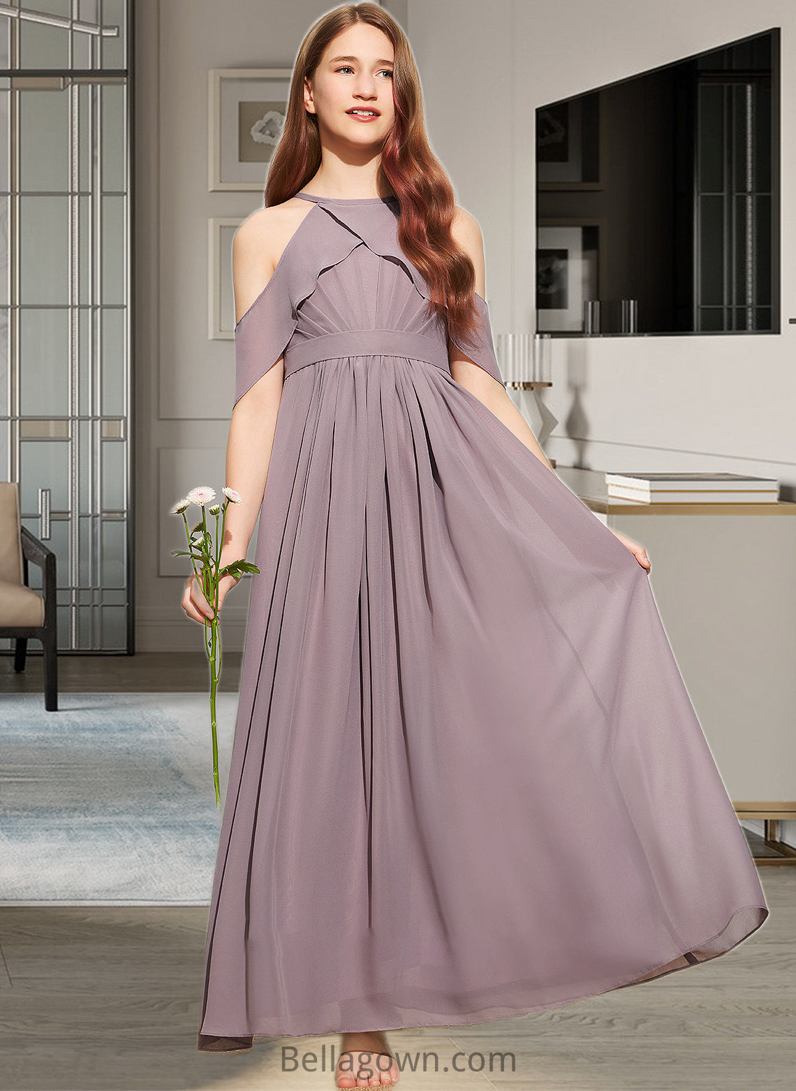 Zaria A-Line Scoop Neck Floor-Length Chiffon Junior Bridesmaid Dress With Ruffle DNP0013521