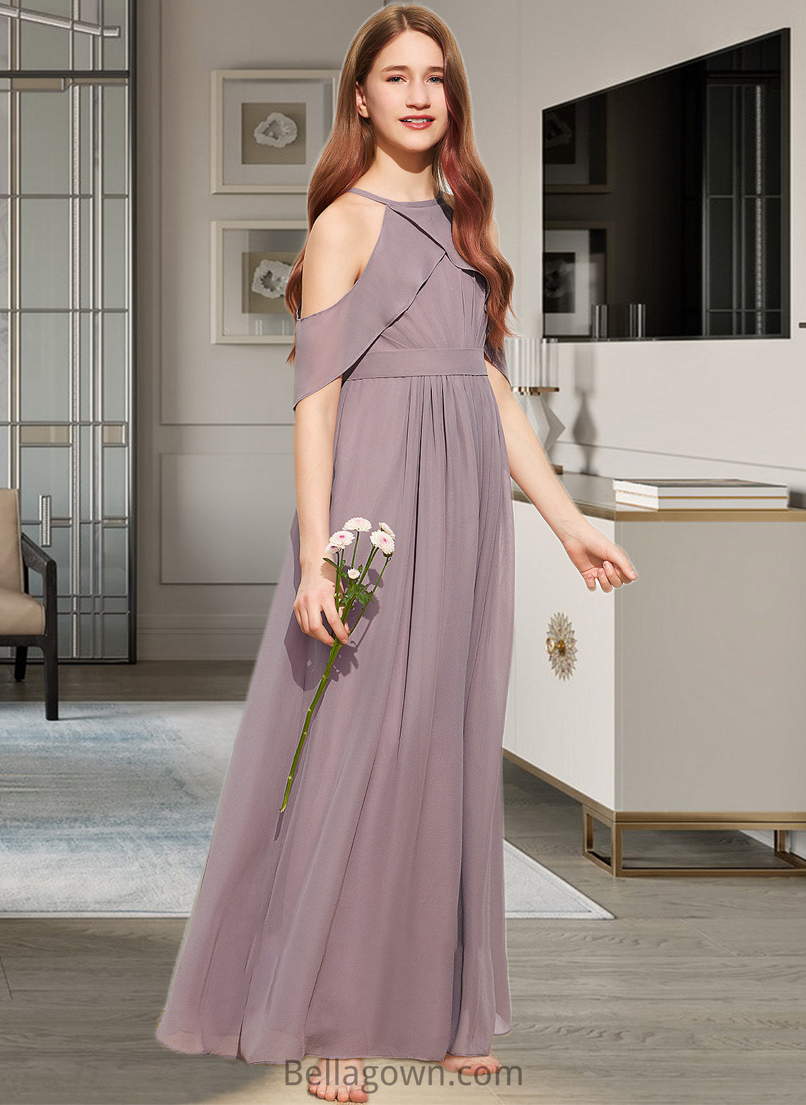 Zaria A-Line Scoop Neck Floor-Length Chiffon Junior Bridesmaid Dress With Ruffle DNP0013521