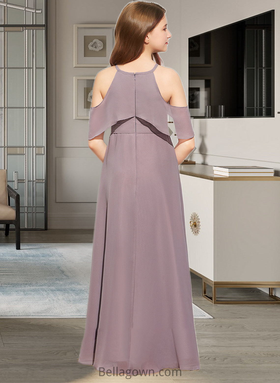 Zaria A-Line Scoop Neck Floor-Length Chiffon Junior Bridesmaid Dress With Ruffle DNP0013521