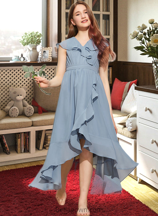 Regan A-Line V-neck Asymmetrical Chiffon Junior Bridesmaid Dress With Bow(s) Cascading Ruffles DNP0013522