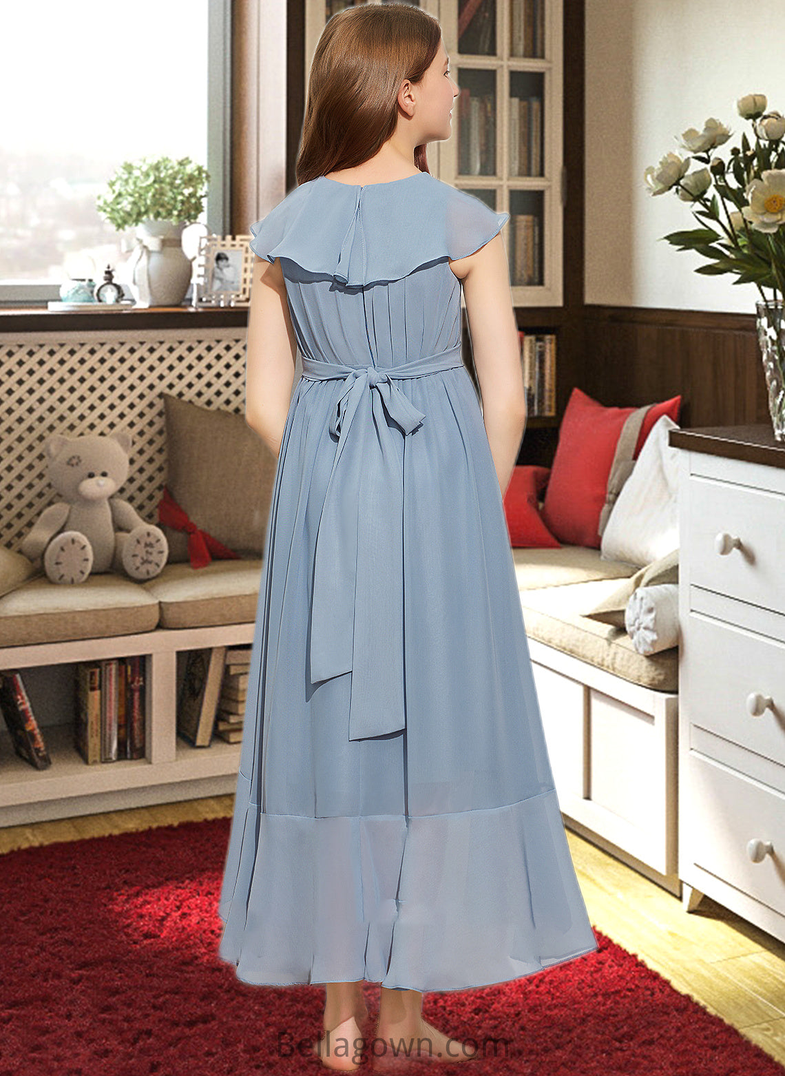 Regan A-Line V-neck Asymmetrical Chiffon Junior Bridesmaid Dress With Bow(s) Cascading Ruffles DNP0013522