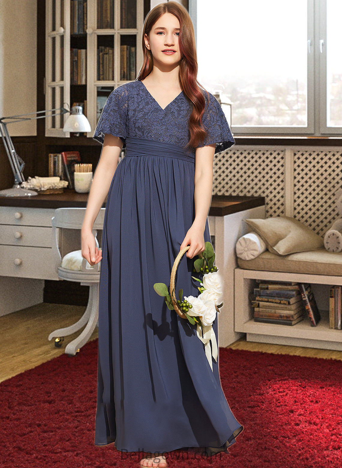 Laci A-Line V-neck Floor-Length Chiffon Lace Junior Bridesmaid Dress With Bow(s) DNP0013523