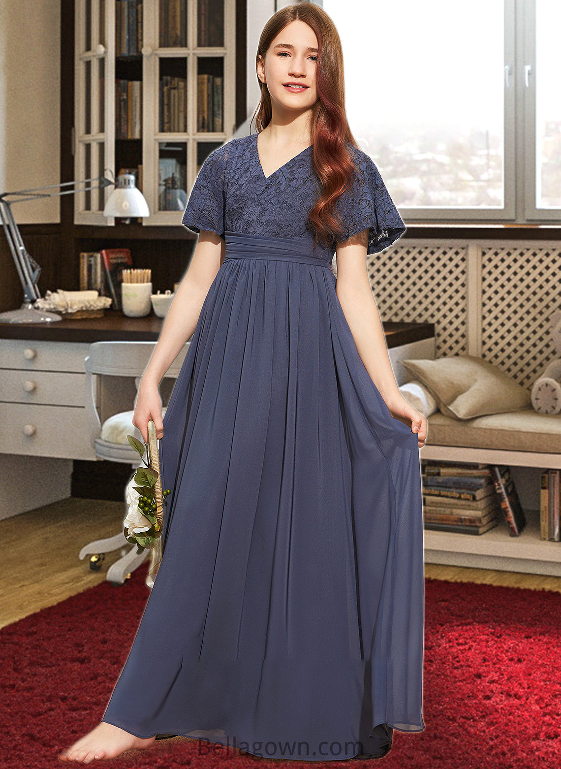 Laci A-Line V-neck Floor-Length Chiffon Lace Junior Bridesmaid Dress With Bow(s) DNP0013523