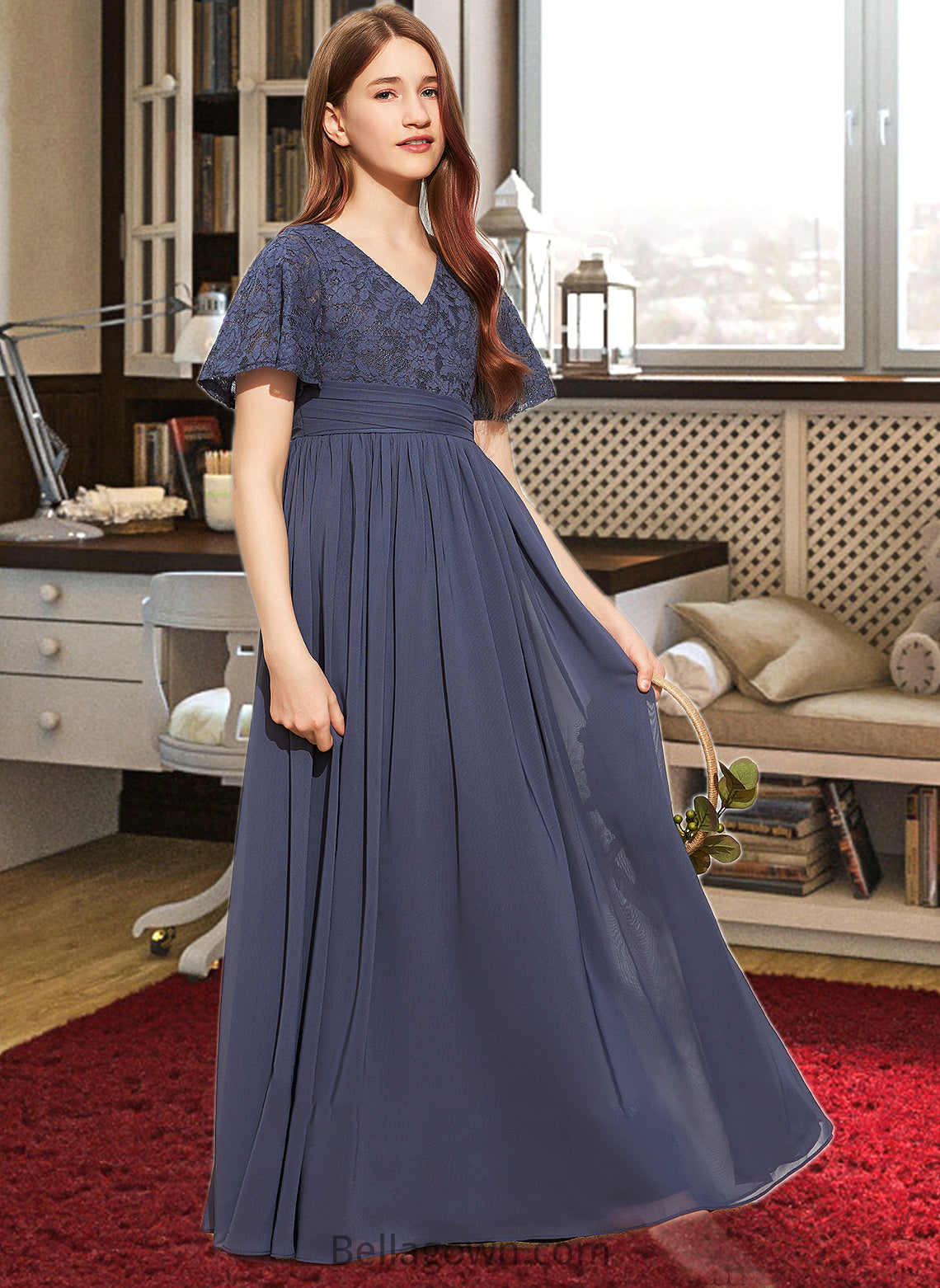 Laci A-Line V-neck Floor-Length Chiffon Lace Junior Bridesmaid Dress With Bow(s) DNP0013523