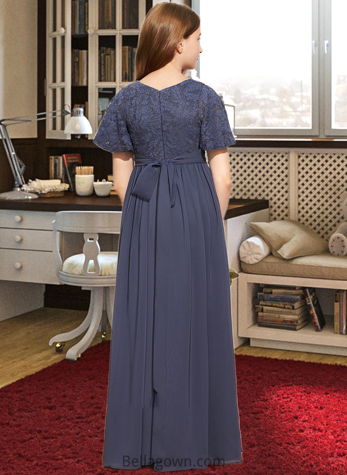 Laci A-Line V-neck Floor-Length Chiffon Lace Junior Bridesmaid Dress With Bow(s) DNP0013523