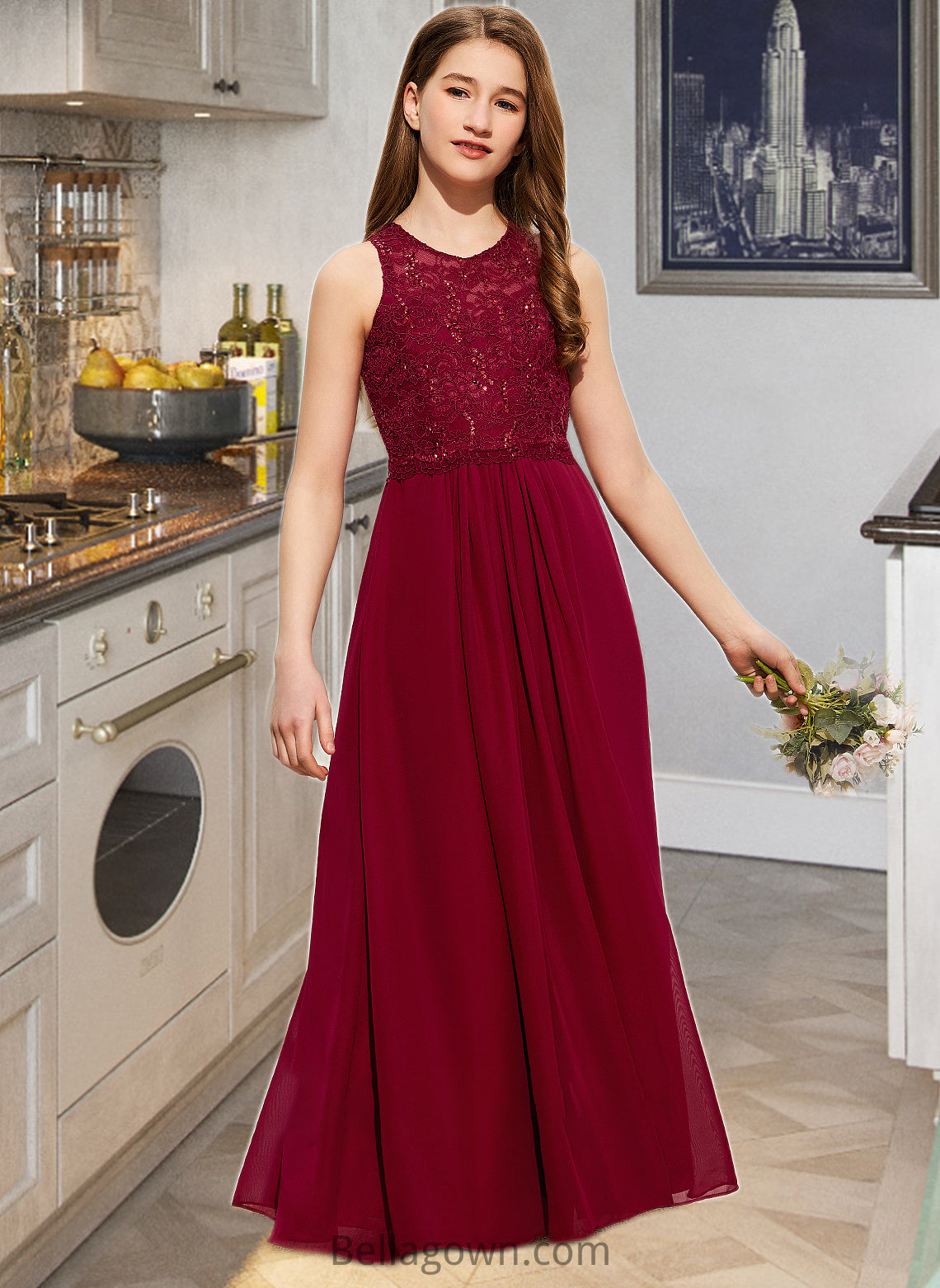 Nancy A-Line Scoop Neck Floor-Length Chiffon Lace Junior Bridesmaid Dress With Sequins DNP0013525