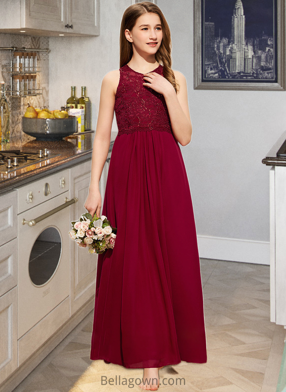 Nancy A-Line Scoop Neck Floor-Length Chiffon Lace Junior Bridesmaid Dress With Sequins DNP0013525