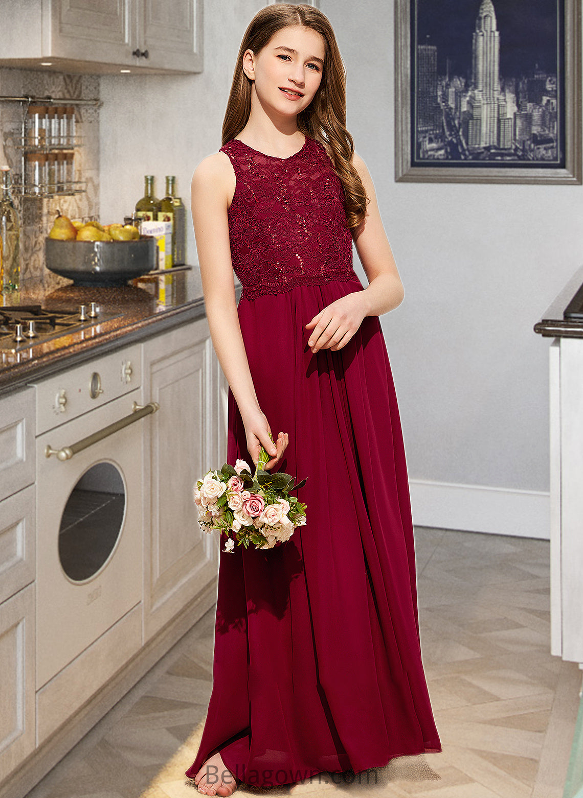 Nancy A-Line Scoop Neck Floor-Length Chiffon Lace Junior Bridesmaid Dress With Sequins DNP0013525