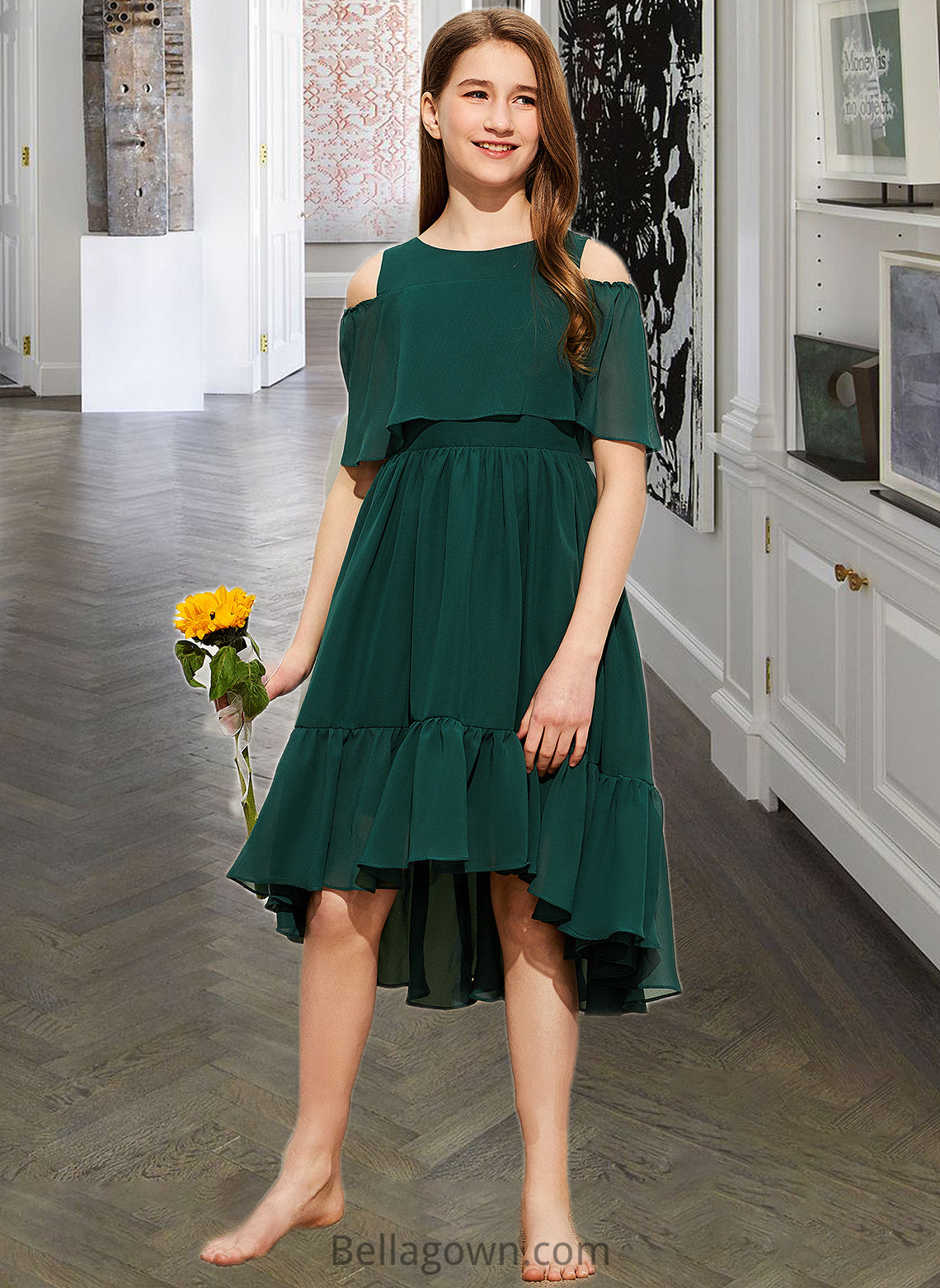 Evangeline A-Line Scoop Neck Asymmetrical Chiffon Junior Bridesmaid Dress With Cascading Ruffles DNP0013526