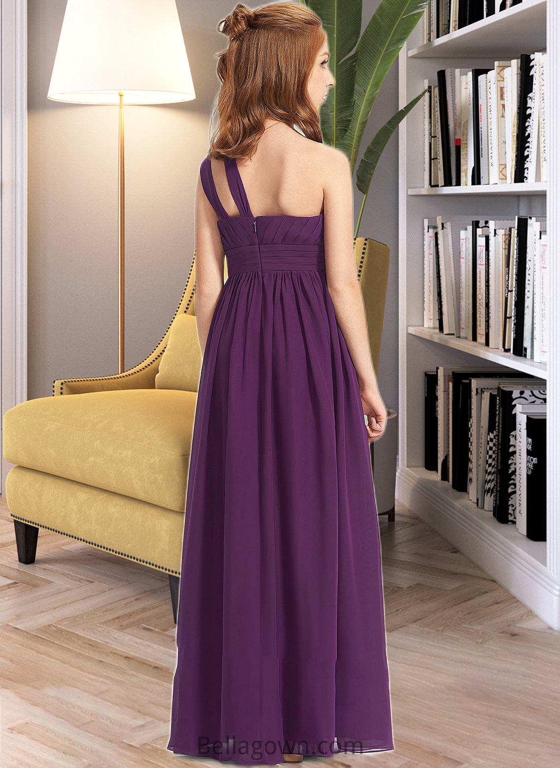 Isabelle A-Line One-Shoulder Floor-Length Chiffon Junior Bridesmaid Dress With Ruffle DNP0013527