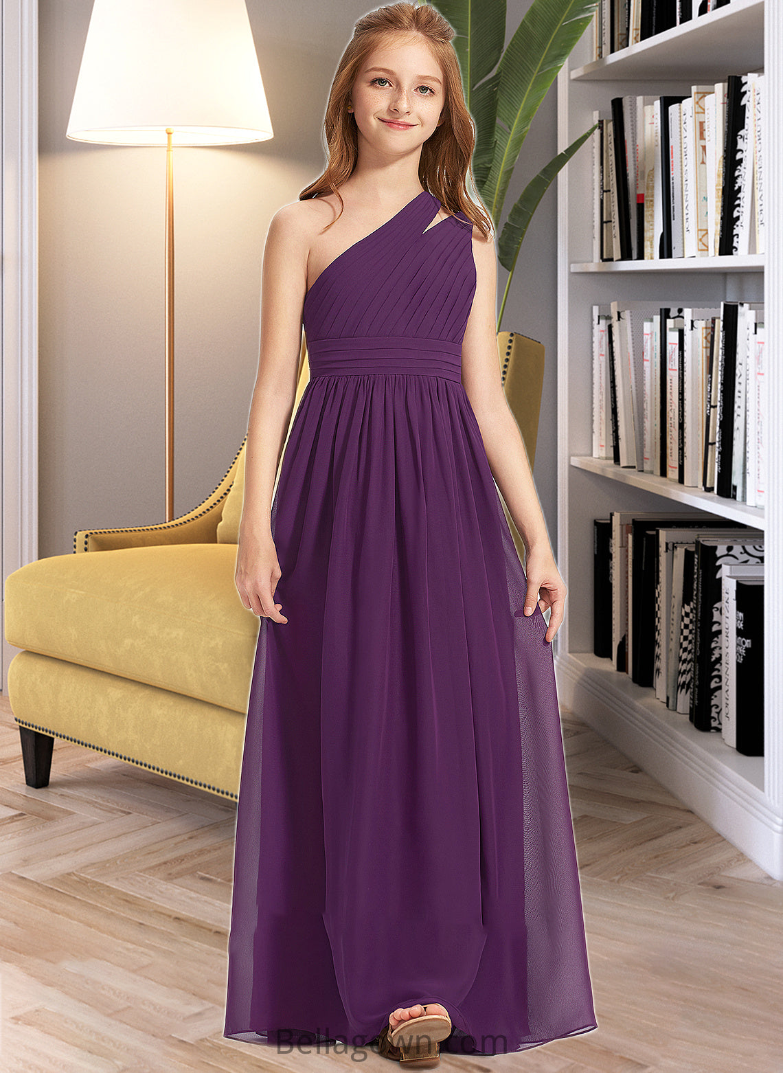 Isabelle A-Line One-Shoulder Floor-Length Chiffon Junior Bridesmaid Dress With Ruffle DNP0013527