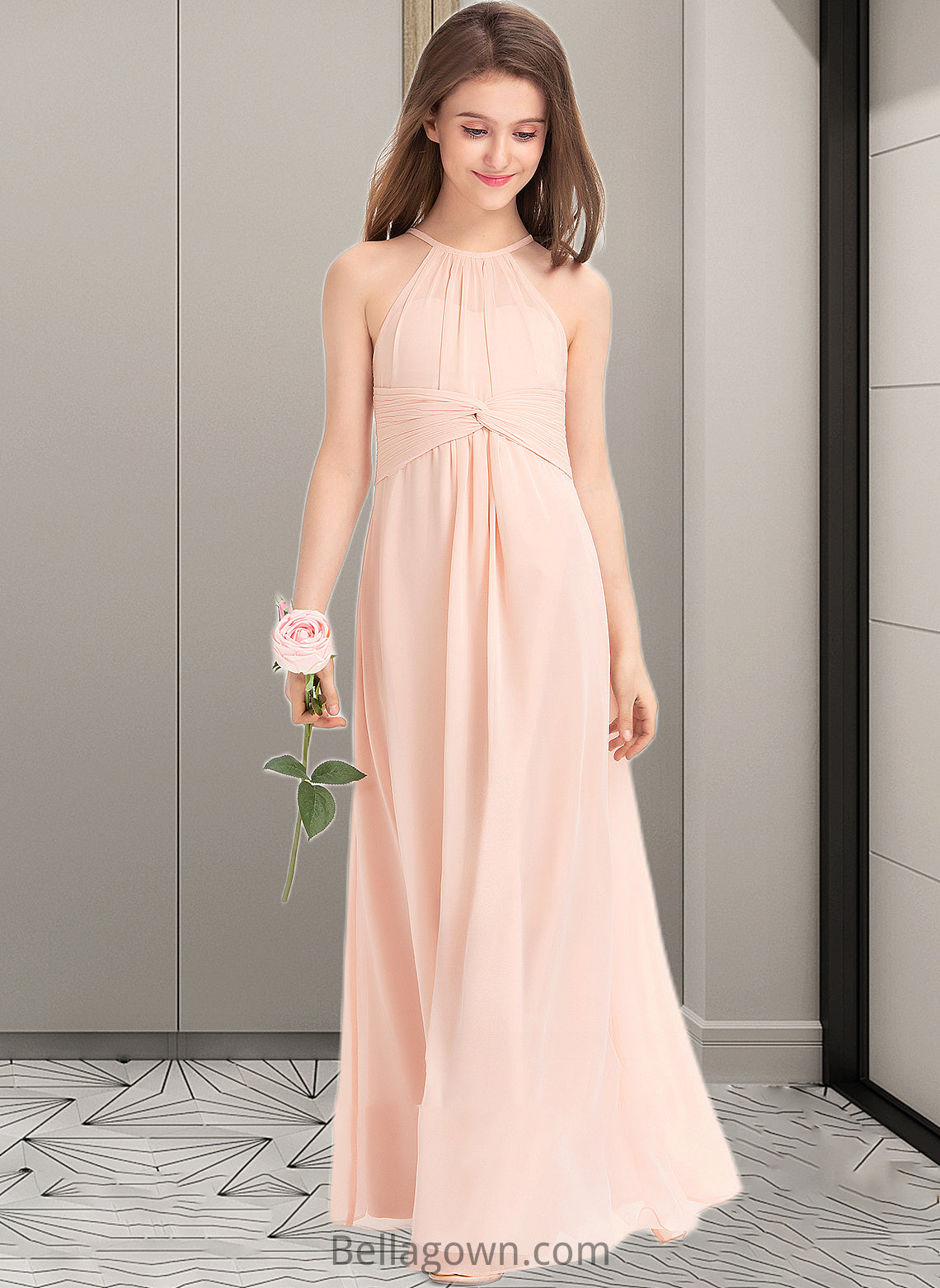 Lillian A-Line Scoop Neck Floor-Length Chiffon Junior Bridesmaid Dress With Ruffle DNP0013528