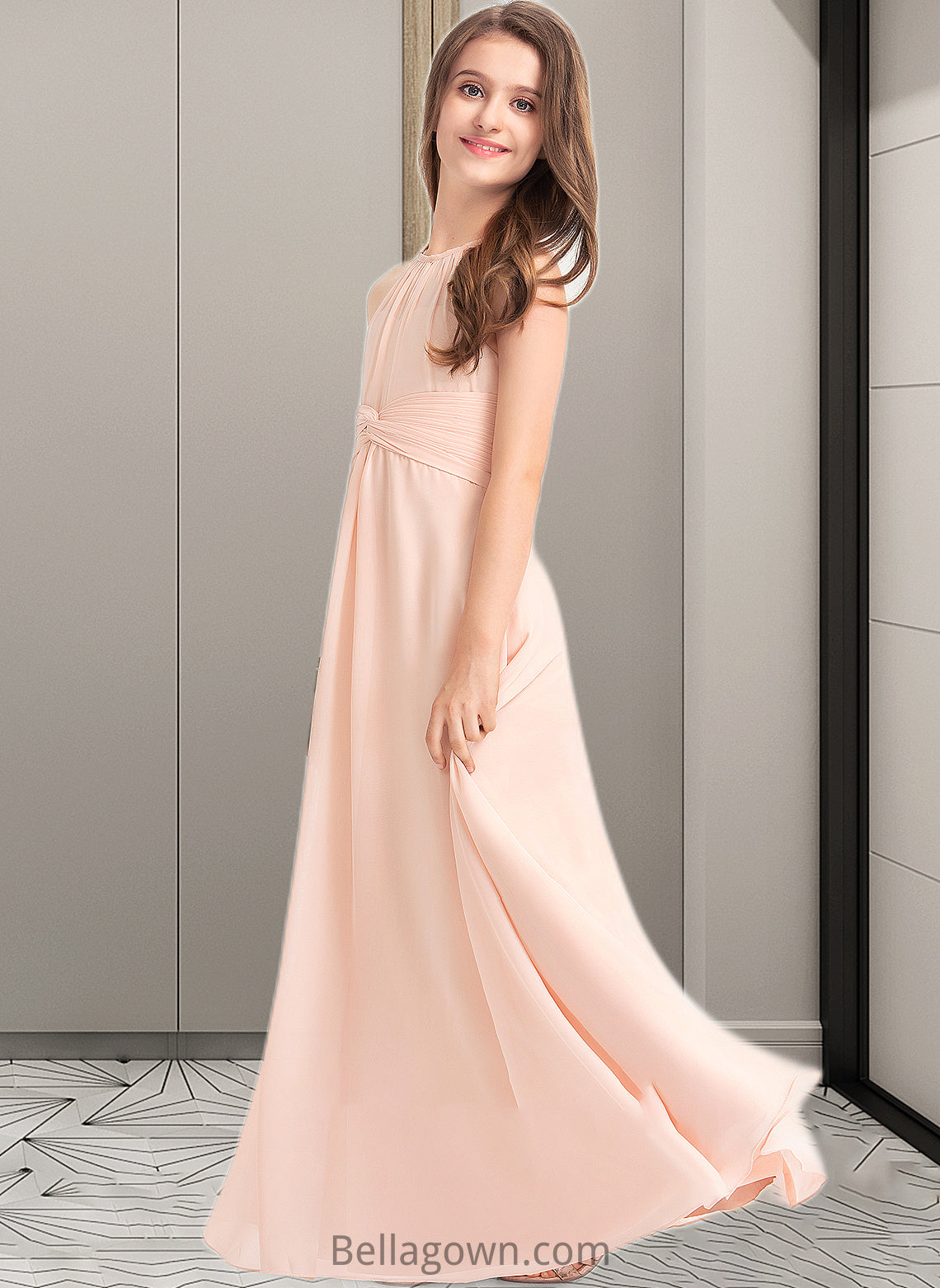 Lillian A-Line Scoop Neck Floor-Length Chiffon Junior Bridesmaid Dress With Ruffle DNP0013528