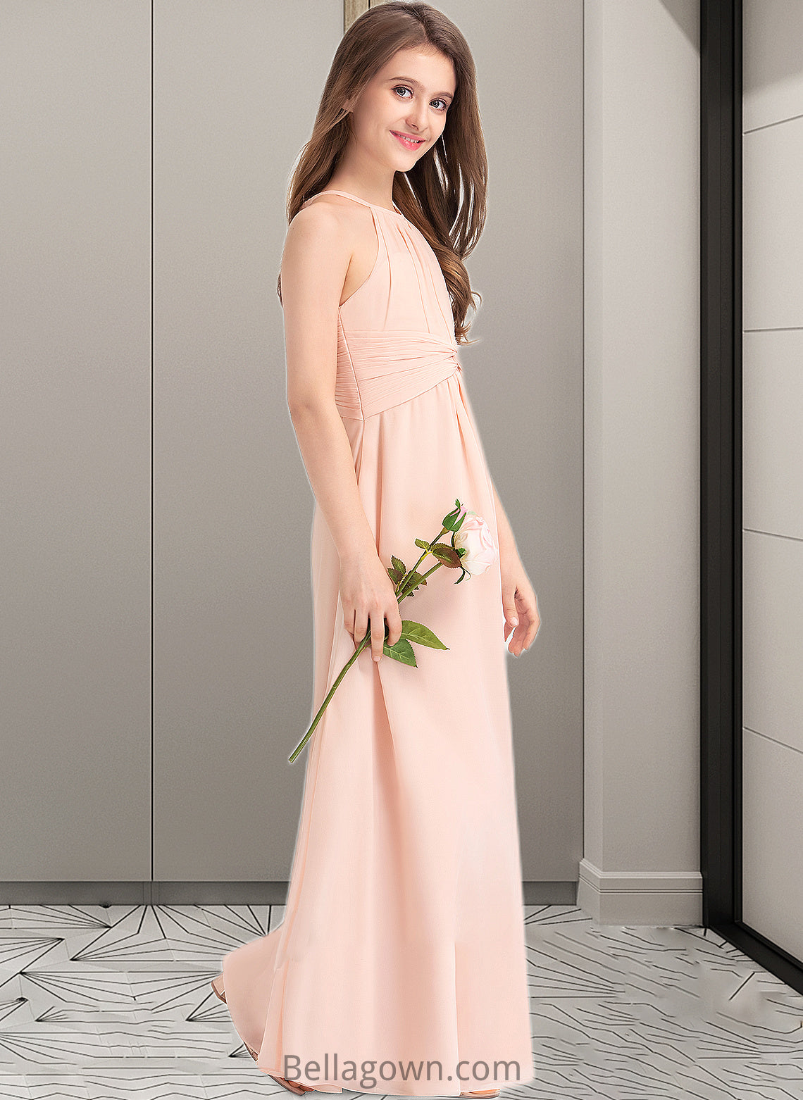 Lillian A-Line Scoop Neck Floor-Length Chiffon Junior Bridesmaid Dress With Ruffle DNP0013528