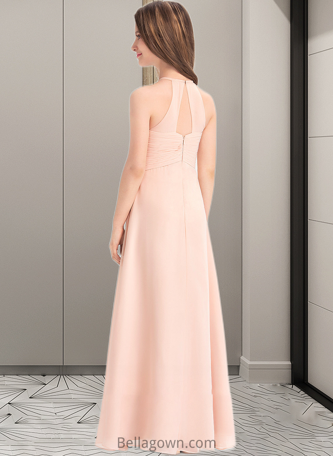 Lillian A-Line Scoop Neck Floor-Length Chiffon Junior Bridesmaid Dress With Ruffle DNP0013528