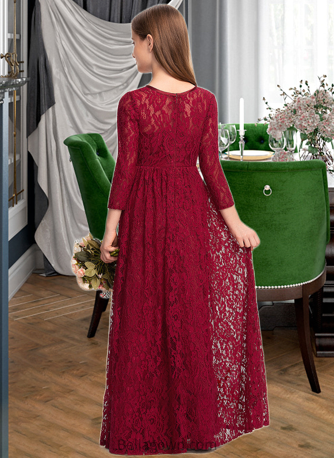 Celia A-Line Scoop Neck Floor-Length Lace Junior Bridesmaid Dress DNP0013529