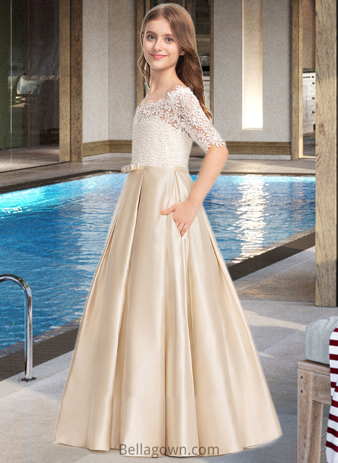 Mariela Ball-Gown/Princess Off-the-Shoulder Floor-Length Satin Lace Junior Bridesmaid Dress With Bow(s) Pockets DNP0013530