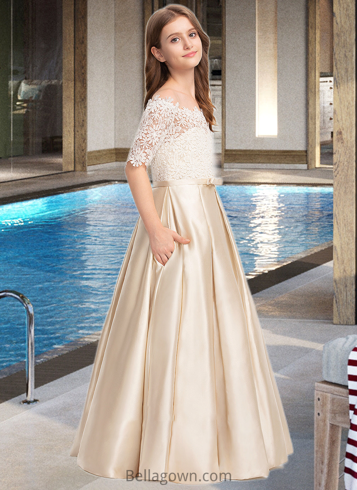 Mariela Ball-Gown/Princess Off-the-Shoulder Floor-Length Satin Lace Junior Bridesmaid Dress With Bow(s) Pockets DNP0013530