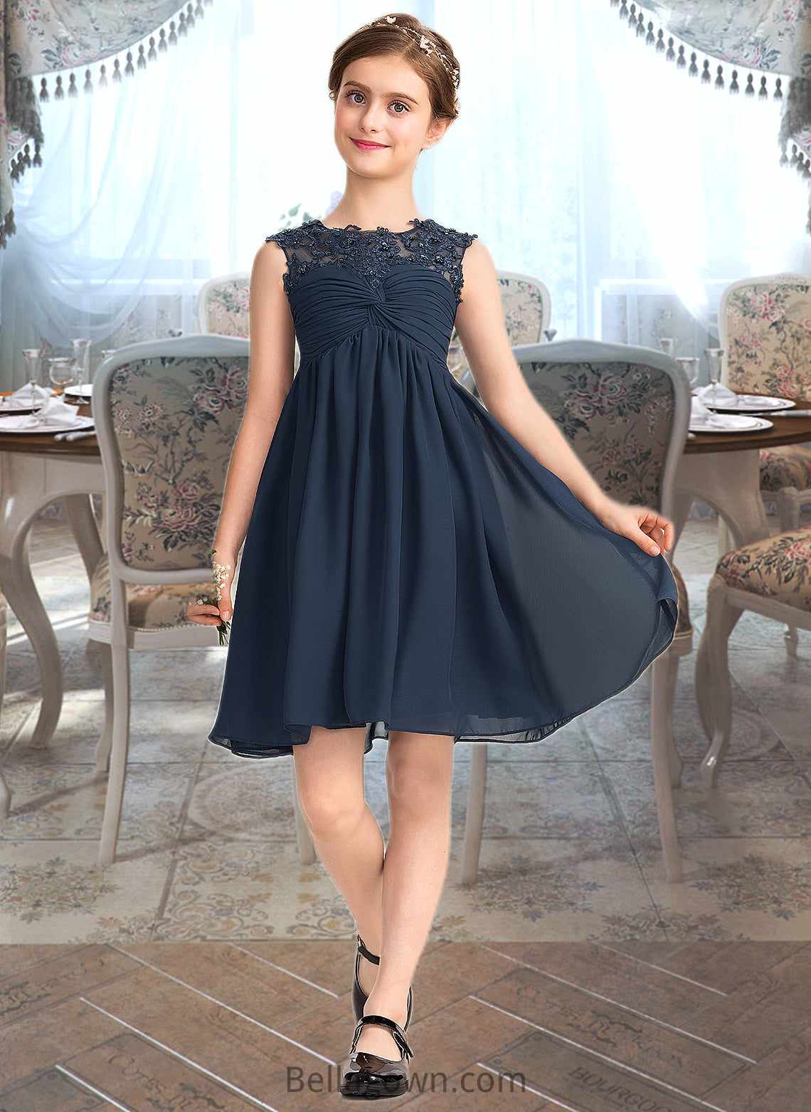 Kaitlynn Empire Scoop Neck Knee-Length Chiffon Lace Junior Bridesmaid Dress With Ruffle Beading Sequins DNP0013532