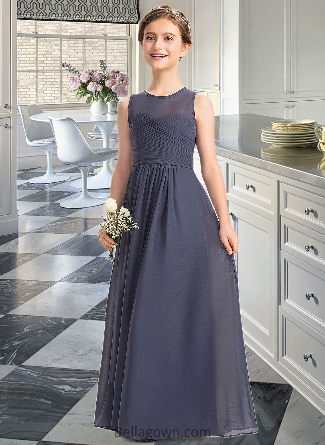 Lauretta A-Line Scoop Neck Floor-Length Chiffon Junior Bridesmaid Dress With Ruffle DNP0013533