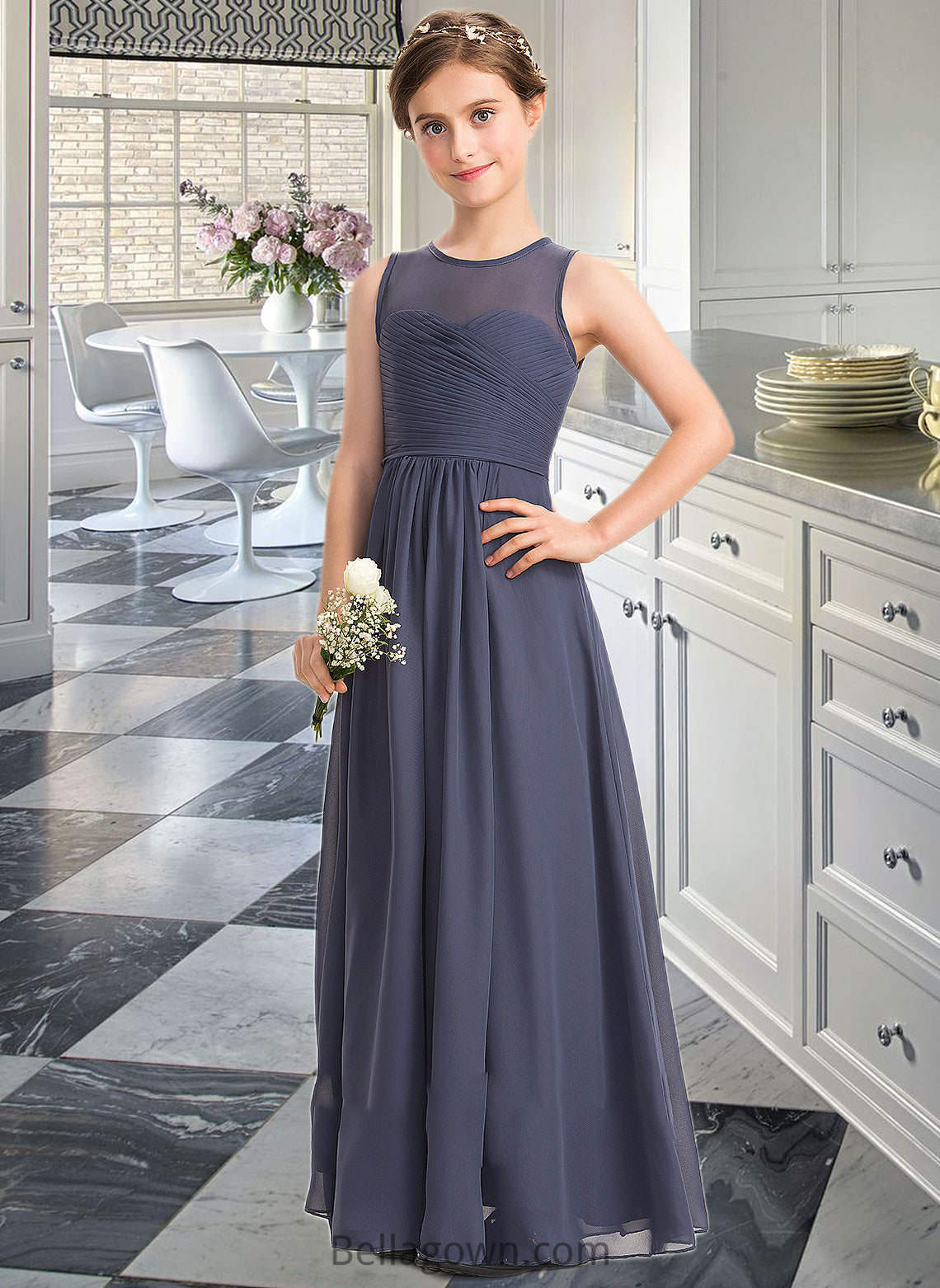 Lauretta A-Line Scoop Neck Floor-Length Chiffon Junior Bridesmaid Dress With Ruffle DNP0013533