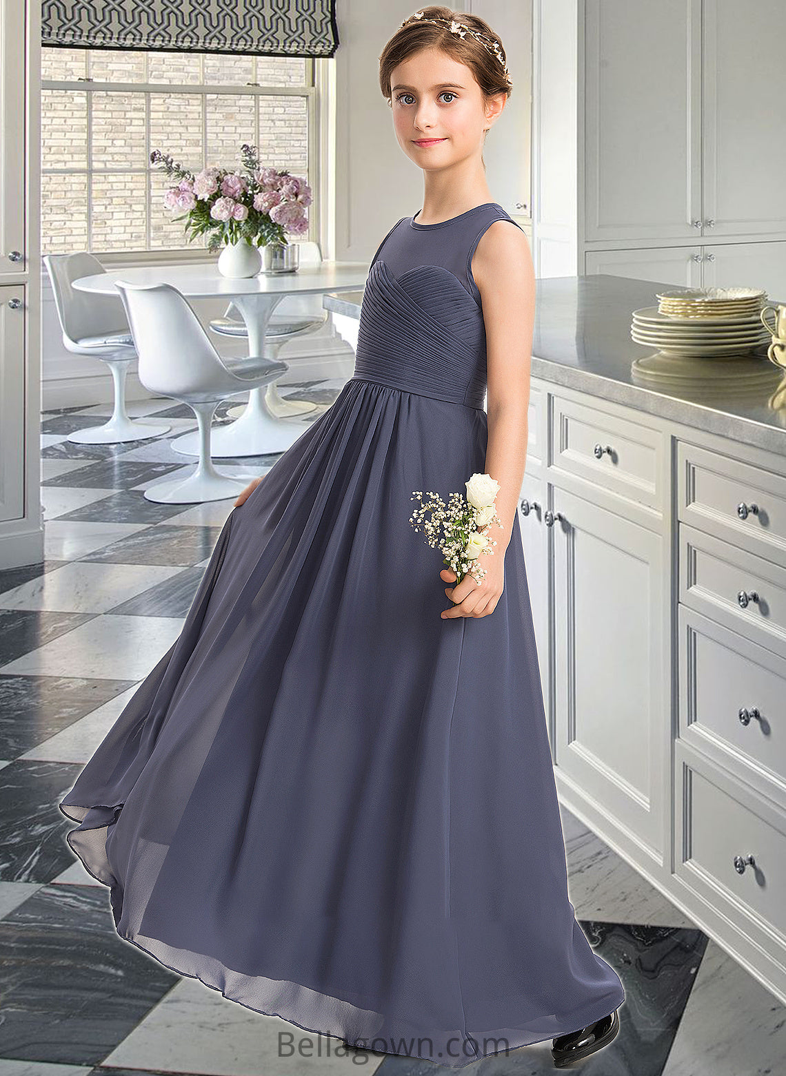 Lauretta A-Line Scoop Neck Floor-Length Chiffon Junior Bridesmaid Dress With Ruffle DNP0013533