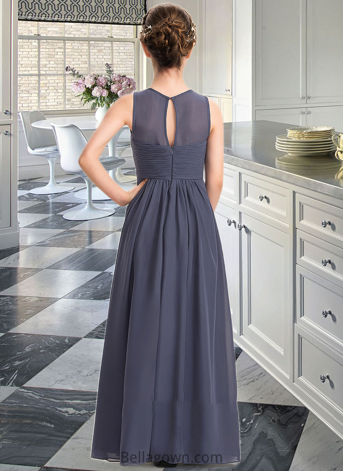 Lauretta A-Line Scoop Neck Floor-Length Chiffon Junior Bridesmaid Dress With Ruffle DNP0013533