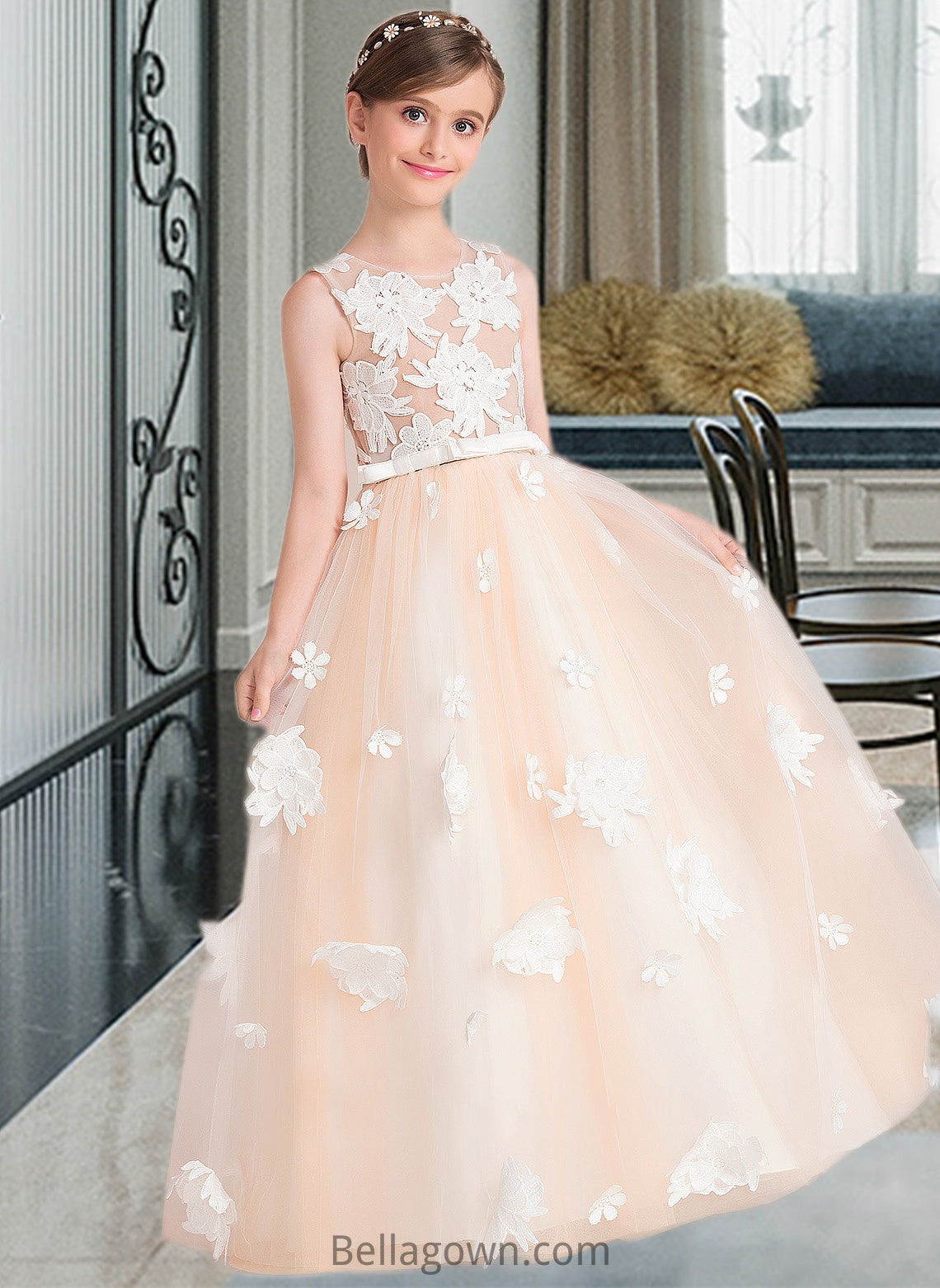 Sanaa Ball-Gown/Princess Scoop Neck Floor-Length Tulle Junior Bridesmaid Dress With Flower(s) Bow(s) DNP0013534