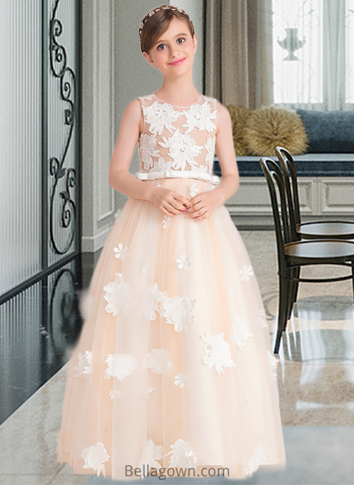 Sanaa Ball-Gown/Princess Scoop Neck Floor-Length Tulle Junior Bridesmaid Dress With Flower(s) Bow(s) DNP0013534