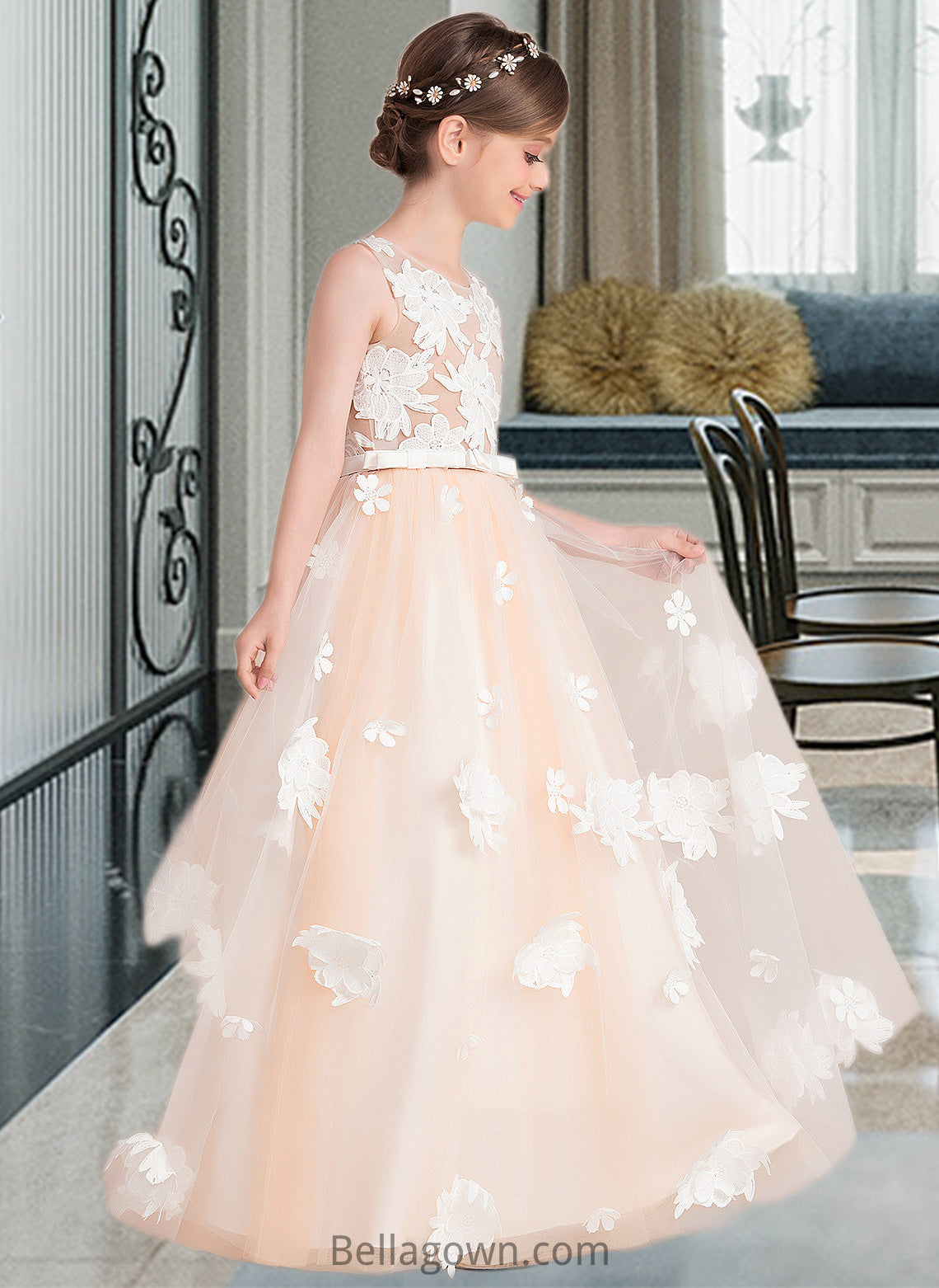 Sanaa Ball-Gown/Princess Scoop Neck Floor-Length Tulle Junior Bridesmaid Dress With Flower(s) Bow(s) DNP0013534