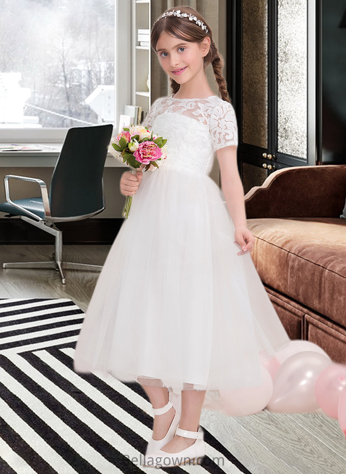 Payton A-Line Scoop Neck Tea-Length Tulle Junior Bridesmaid Dress DNP0013535