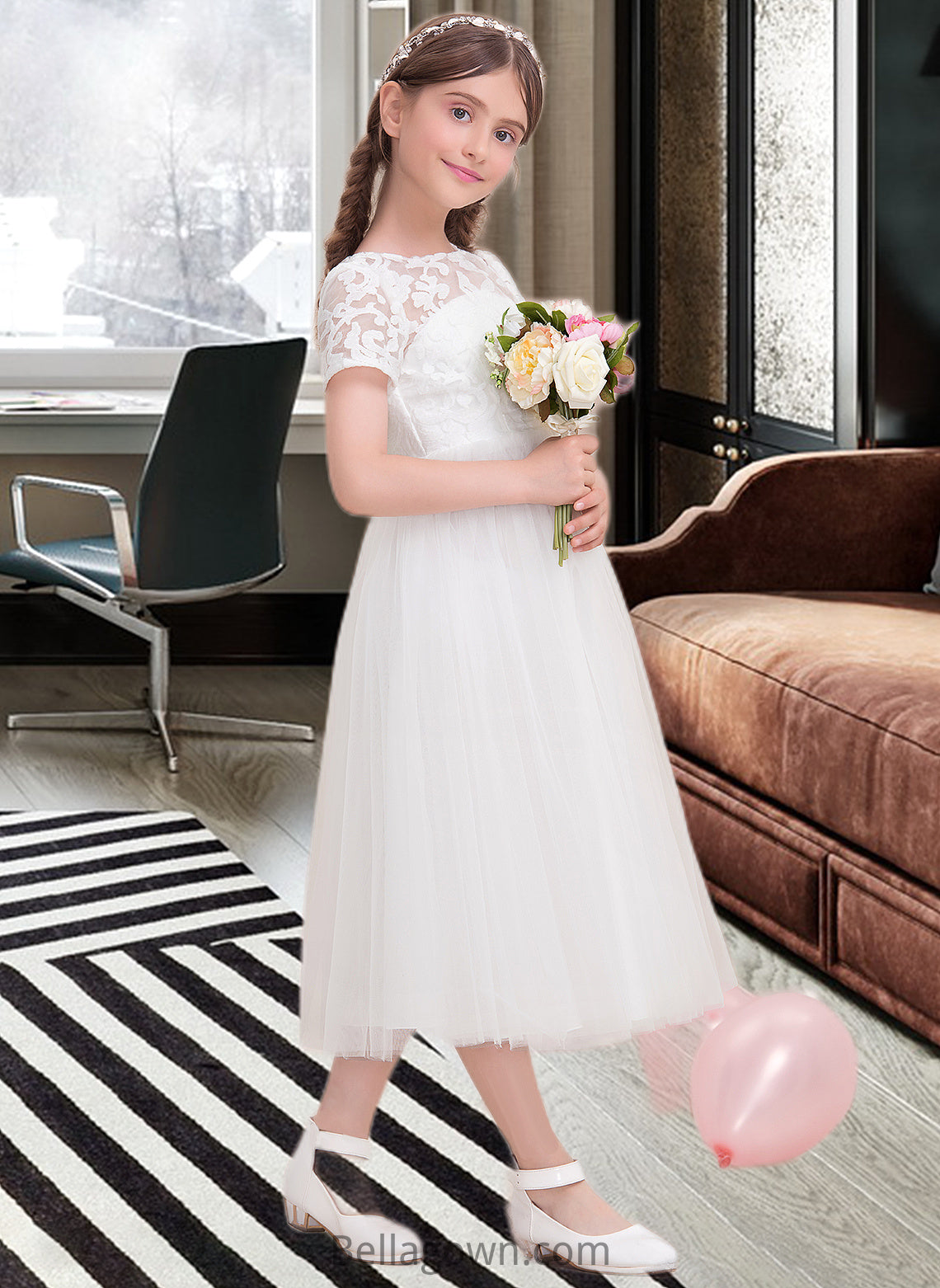 Payton A-Line Scoop Neck Tea-Length Tulle Junior Bridesmaid Dress DNP0013535