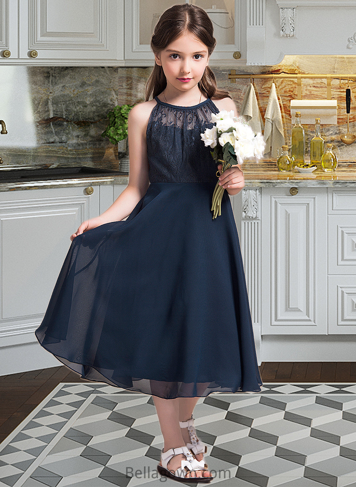 Mareli A-Line Scoop Neck Tea-Length Chiffon Lace Junior Bridesmaid Dress With Ruffle DNP0013536