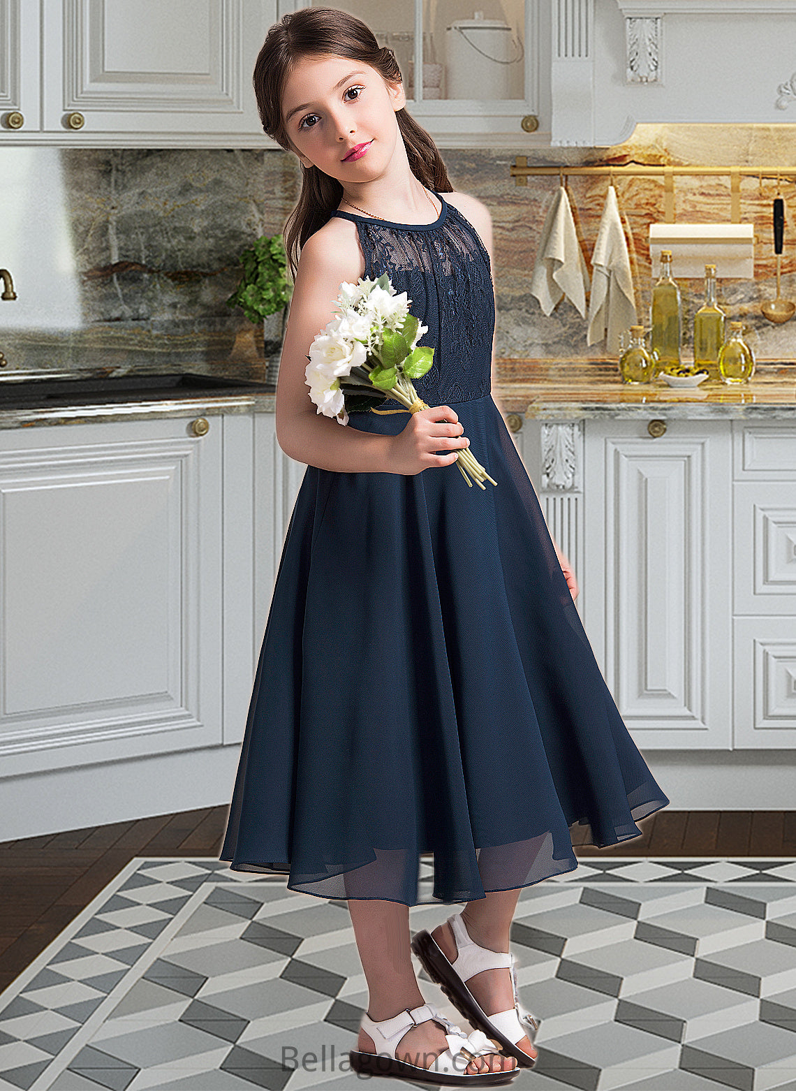 Mareli A-Line Scoop Neck Tea-Length Chiffon Lace Junior Bridesmaid Dress With Ruffle DNP0013536