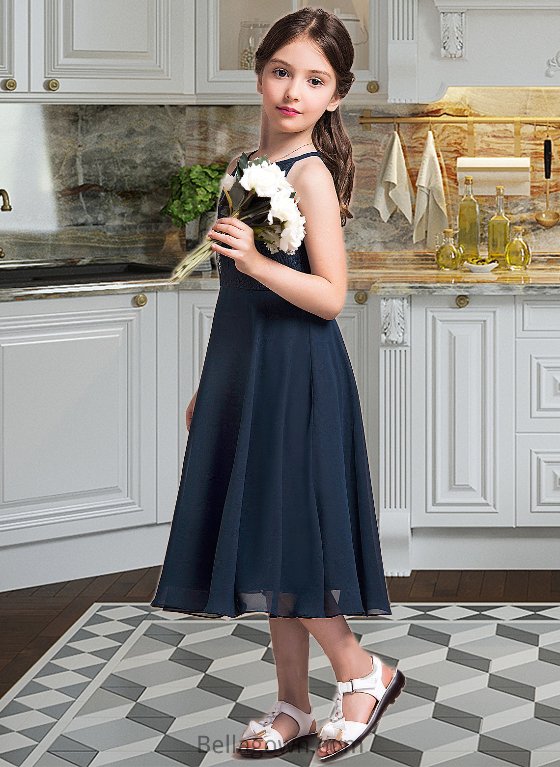 Mareli A-Line Scoop Neck Tea-Length Chiffon Lace Junior Bridesmaid Dress With Ruffle DNP0013536