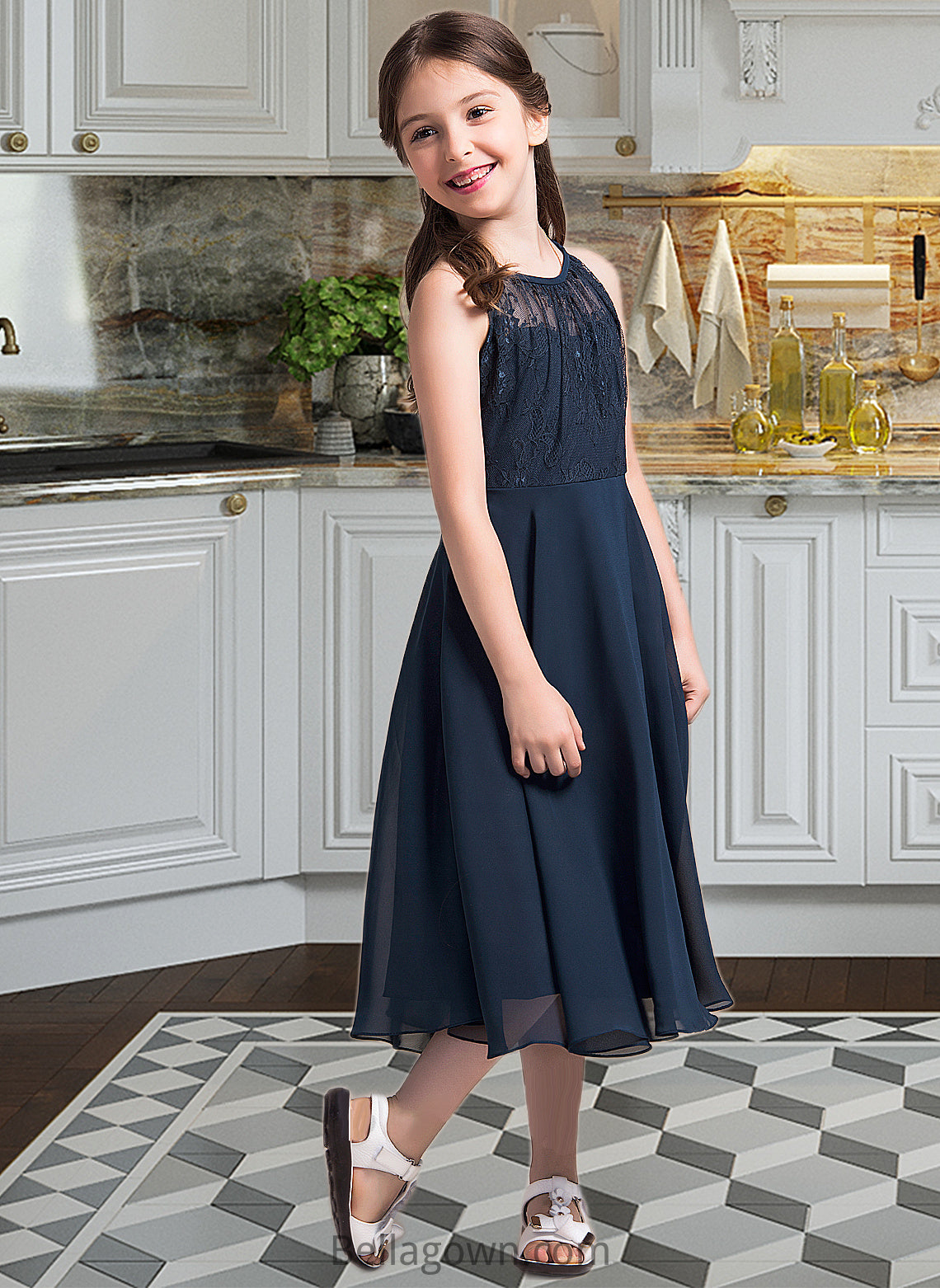 Mareli A-Line Scoop Neck Tea-Length Chiffon Lace Junior Bridesmaid Dress With Ruffle DNP0013536