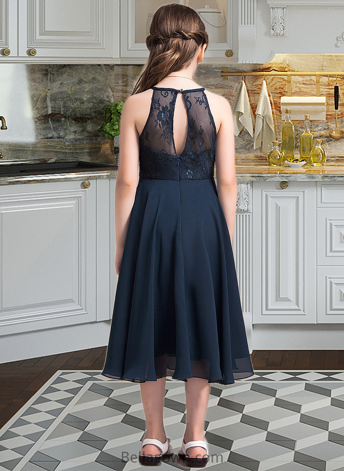 Mareli A-Line Scoop Neck Tea-Length Chiffon Lace Junior Bridesmaid Dress With Ruffle DNP0013536