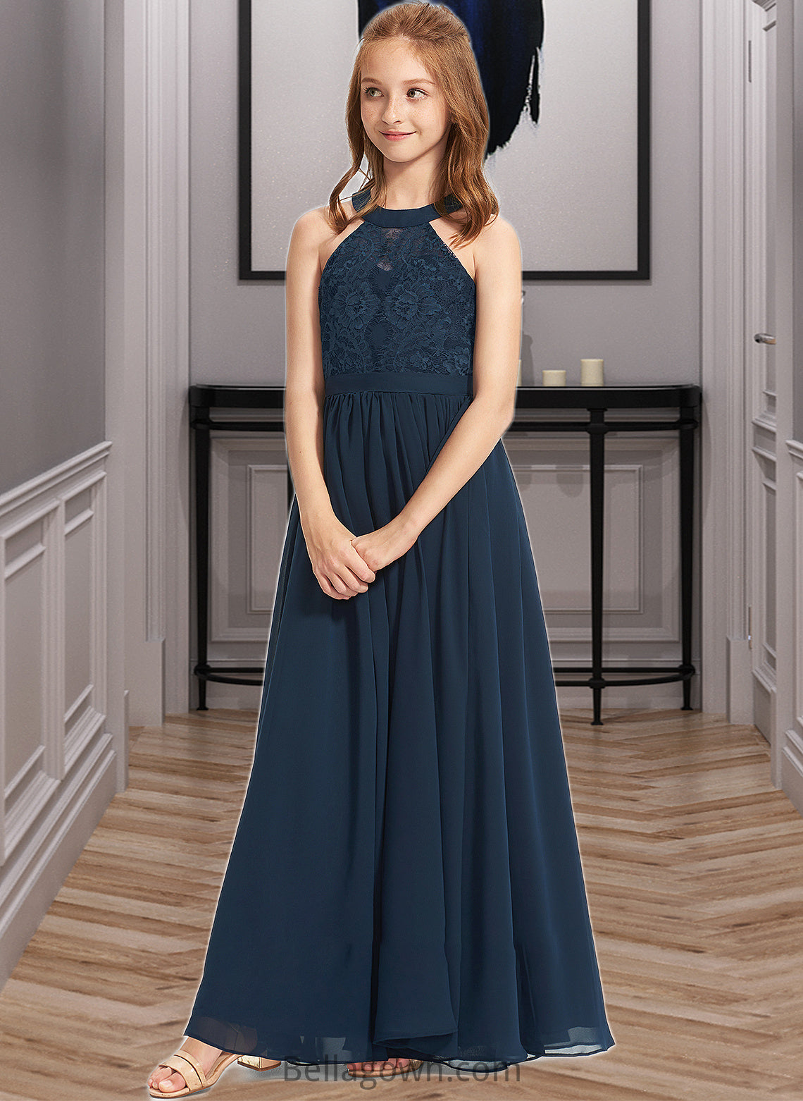 Nicky A-LineScoopNeckFloor-LengthChiffonLaceJuniorBridesmaidDress#234030 DNP0013538