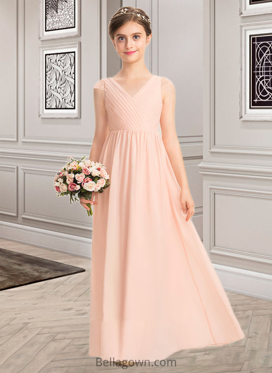 Jordyn A-Line V-neck Floor-Length Chiffon Lace Junior Bridesmaid Dress With Ruffle DNP0013540