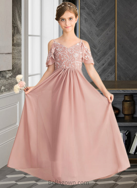 Harper A-Line V-neck Floor-Length Chiffon Lace Junior Bridesmaid Dress DNP0013541