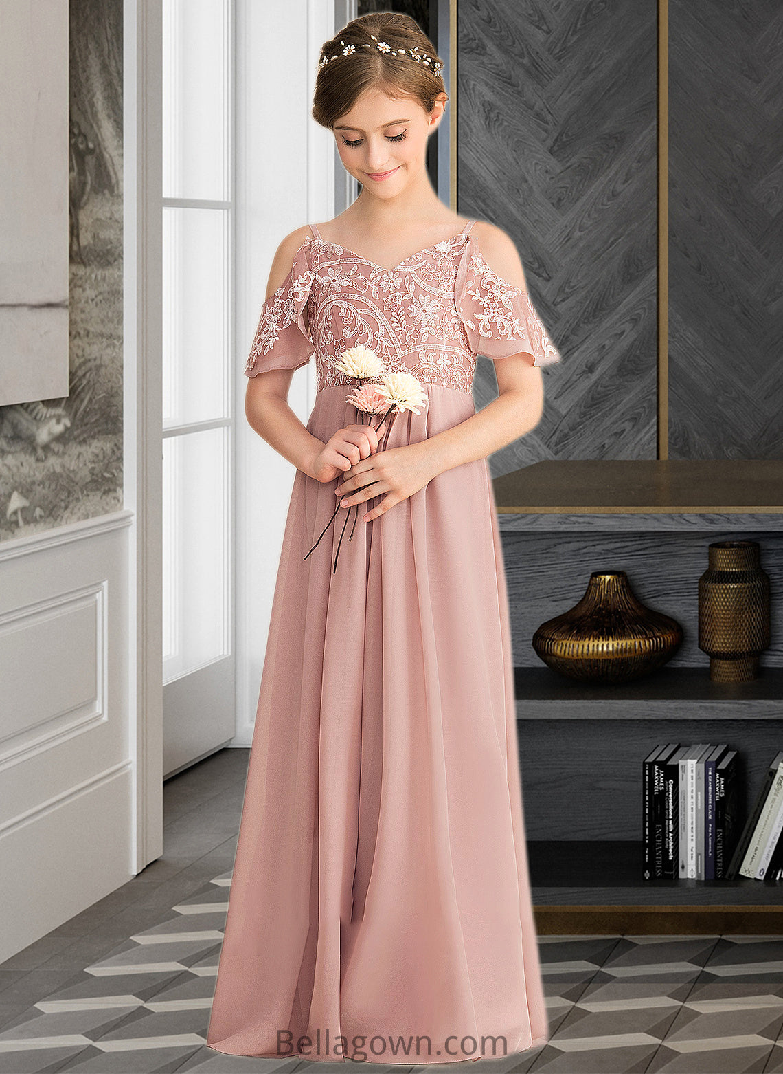 Harper A-Line V-neck Floor-Length Chiffon Lace Junior Bridesmaid Dress DNP0013541