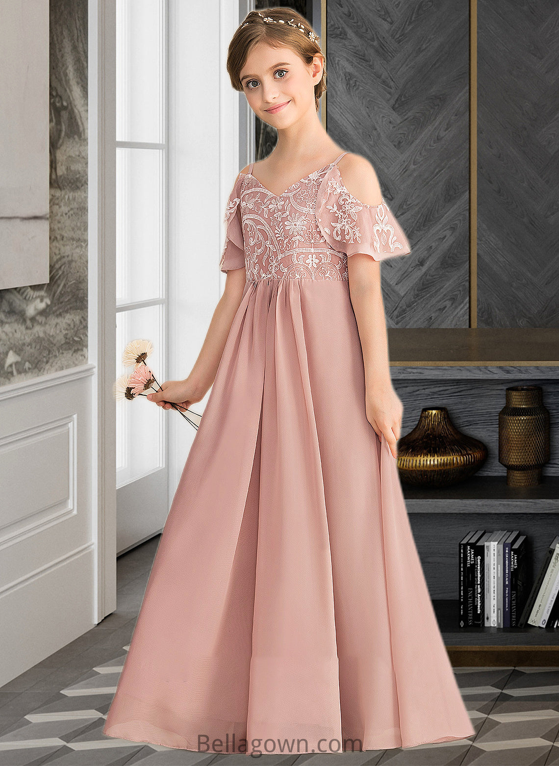 Harper A-Line V-neck Floor-Length Chiffon Lace Junior Bridesmaid Dress DNP0013541