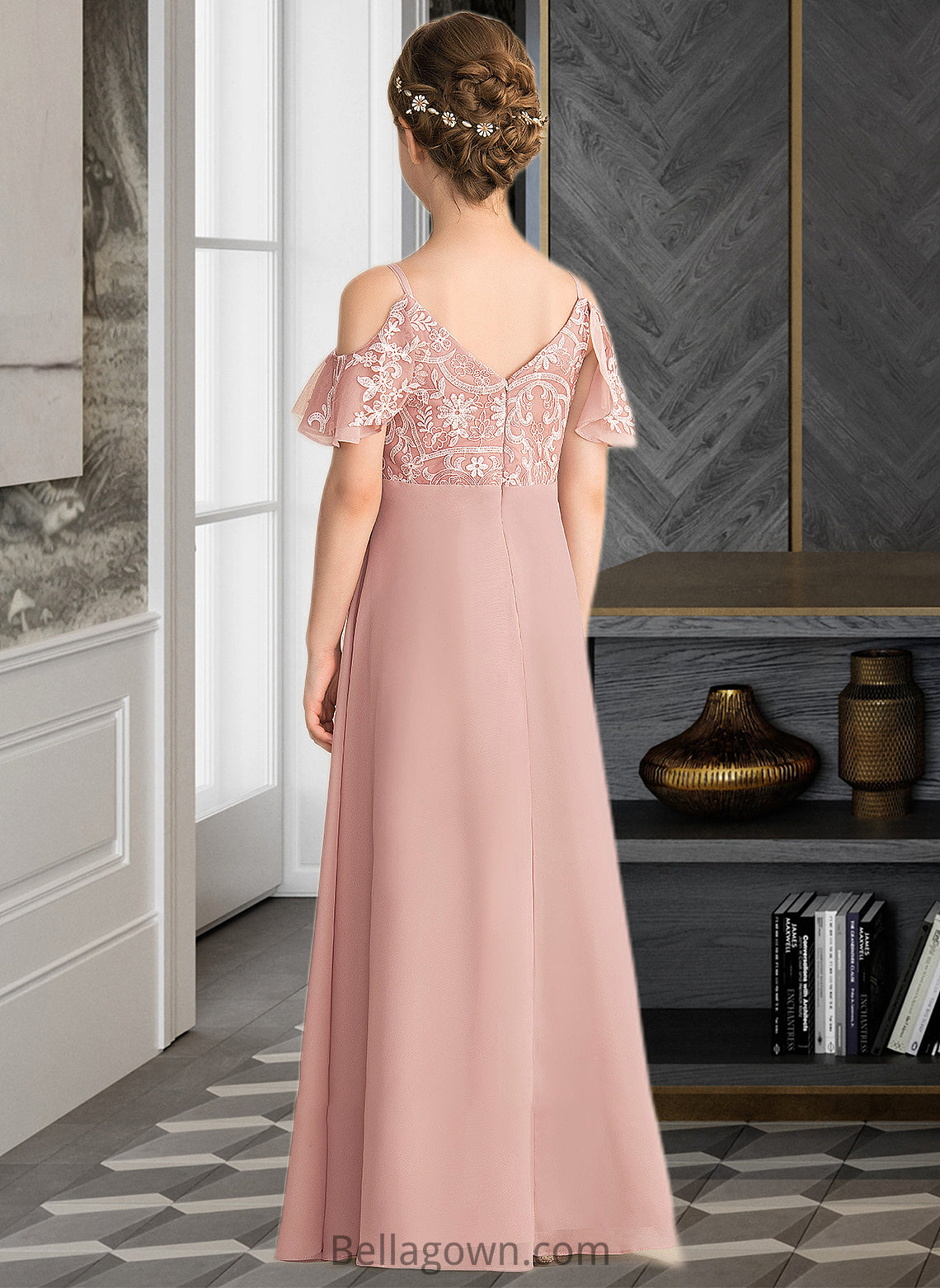 Harper A-Line V-neck Floor-Length Chiffon Lace Junior Bridesmaid Dress DNP0013541