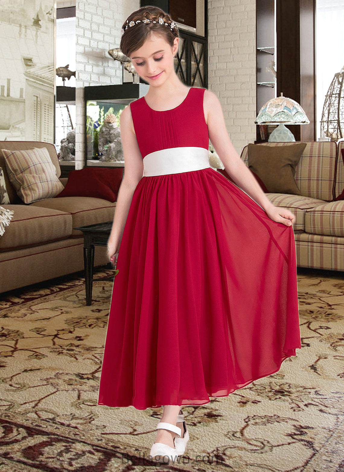 Haylee Empire A-Line Scoop Neck Ankle-Length Chiffon Junior Bridesmaid Dress With Sash Bow(s) DNP0013542