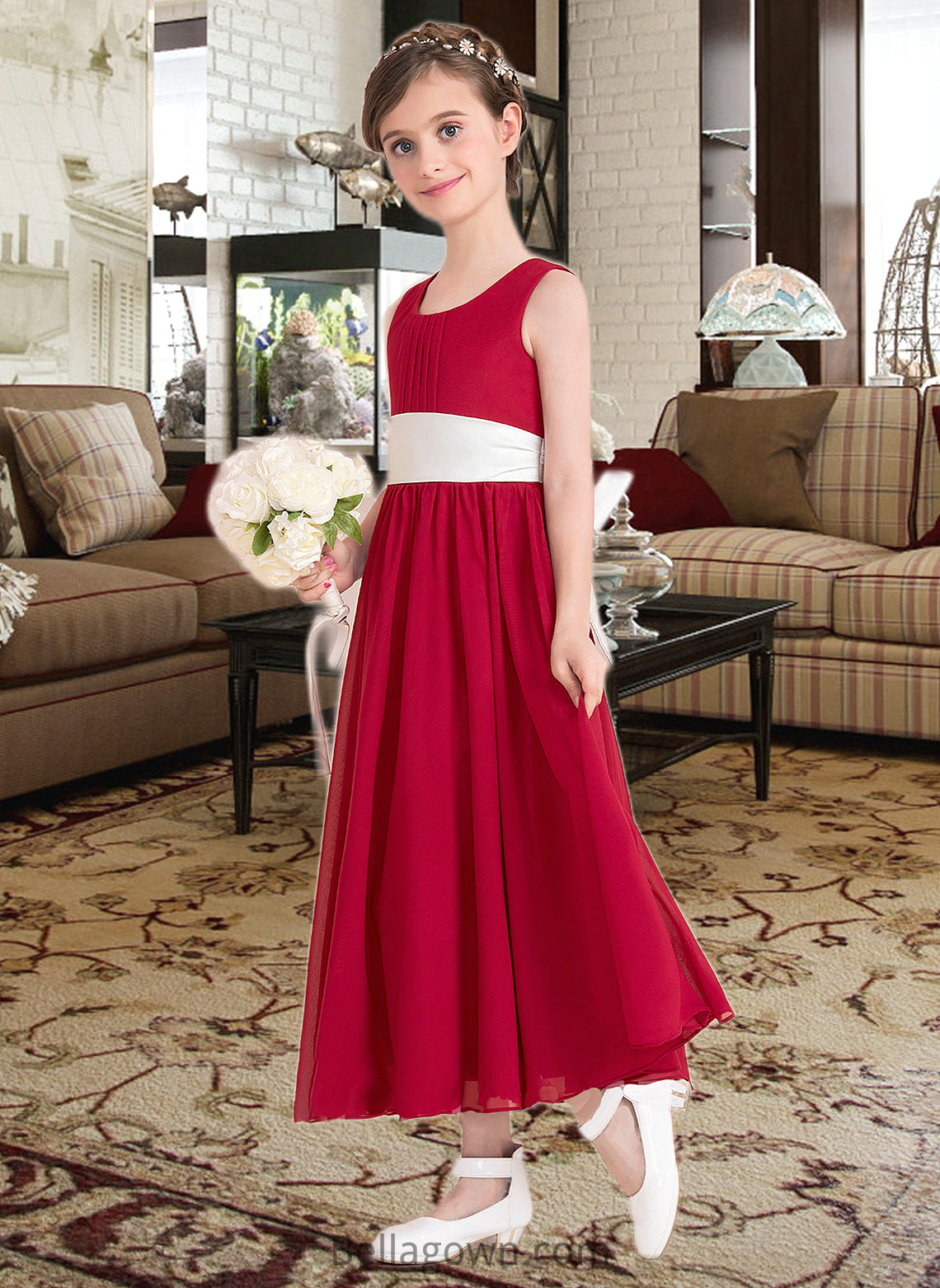 Haylee Empire A-Line Scoop Neck Ankle-Length Chiffon Junior Bridesmaid Dress With Sash Bow(s) DNP0013542